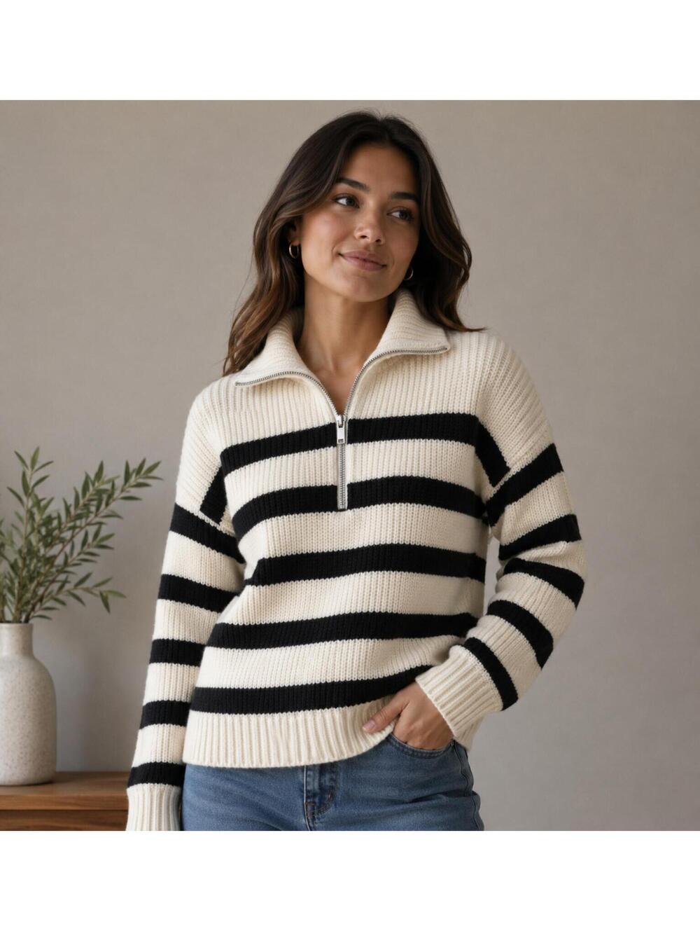 Everlane Cream and Black Stripe Wool Blend Half-Zip Sweater, Size XXS